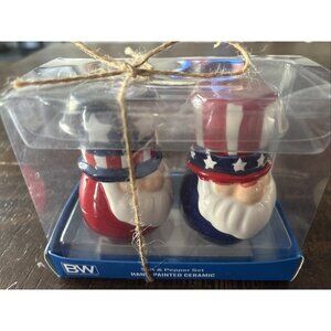 NEW TAG Patriotic Gnome Red White Blue Stars Salt & Pepper Shakers w/ Gift Box